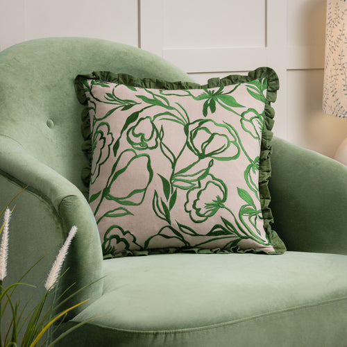Floral Beige Cushions - Albera Floral Embroidered Cushion Cover Linen/Green furn.