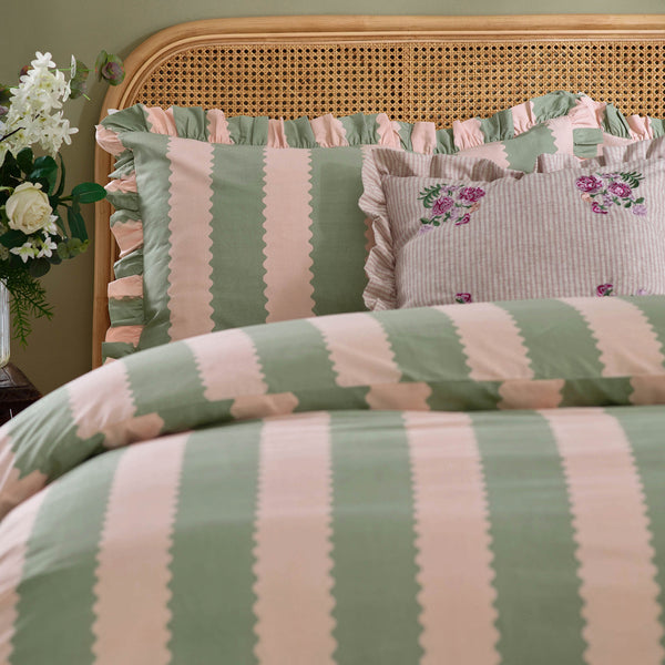 Birdie Stripe Multi Ruffle Duvet Cover Set Pink/Green Bedding