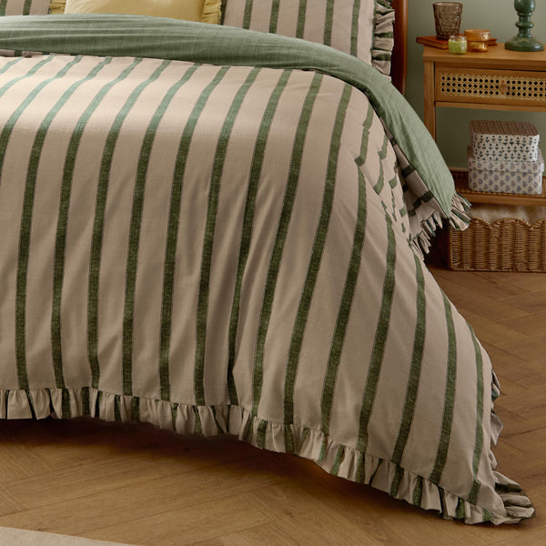 Connie Green Striped Ruffle Duvet Cover Set | Moss Bedding