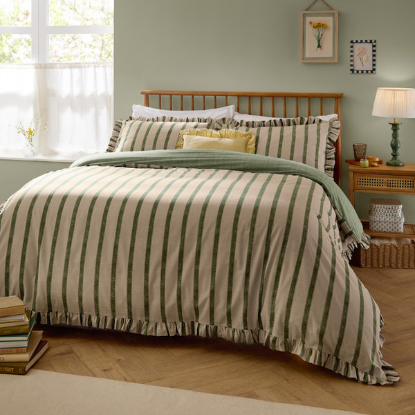 Connie Green Striped Ruffle Duvet Cover Set | Moss Bedding
