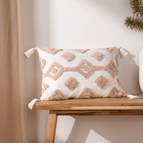 Geometric Beige Cushions - Dharma Tufted Tasselled Cushion Cover Natural furn.