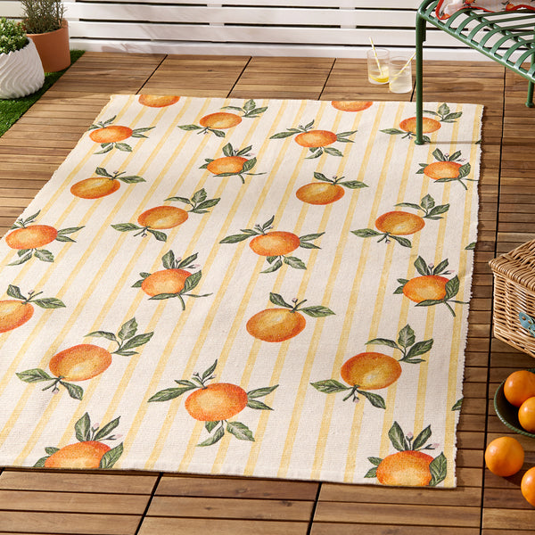 Fruits Yellow Oranges Gingham Check Indoor/Outdoor Rug | Yellow