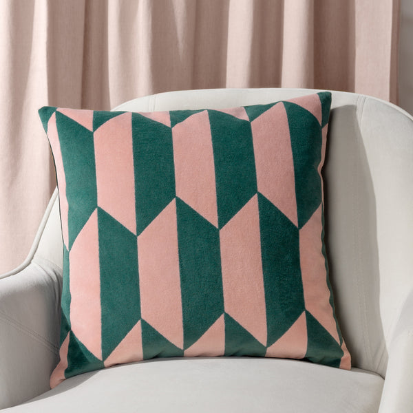 Kalho Pink Geometric Velvet Cushion Cover Pink/Green Cushions