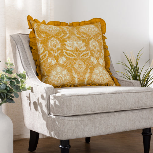 Floral Yellow Cushions - Kirkton Floral Pleat Fringe Cushion Cover Ochre Paoletti