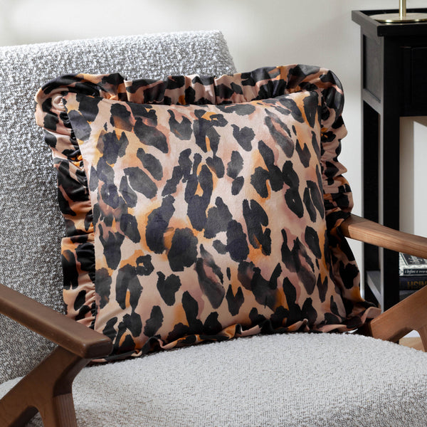 Leopard Multi Printed Velvet Ruffle Cushion Cover Multicolour