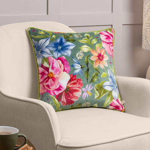 Floral Blue Cushions - Nectar Garden Petunia Floral Piped Cushion Cover Teal Wylder