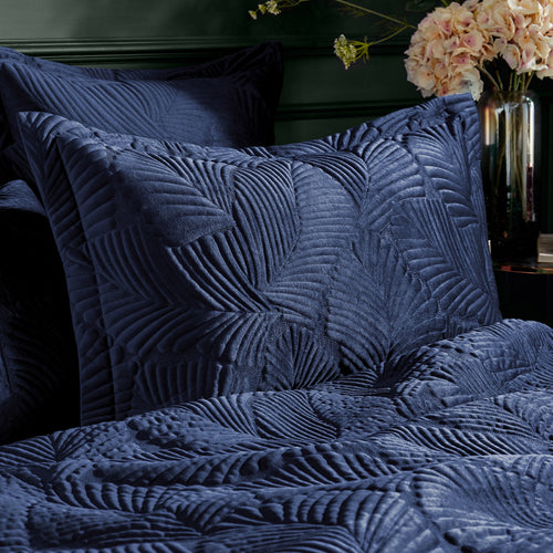 Jungle Blue Bedding - Palmeria Quilted Velvet Pillowcase Navy Paoletti