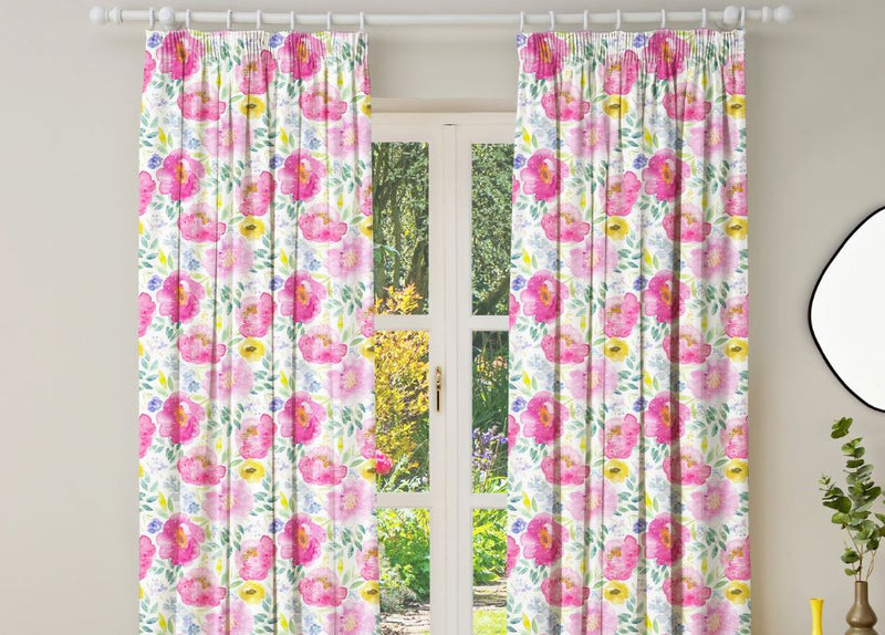 peony floral curtains next to mirror and plant