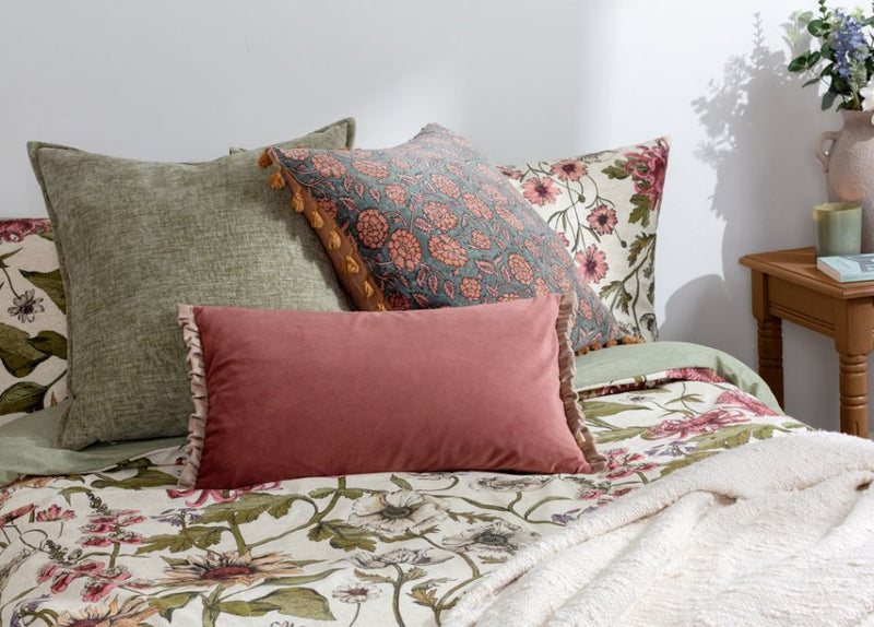 three country print cushions on floral duvet set