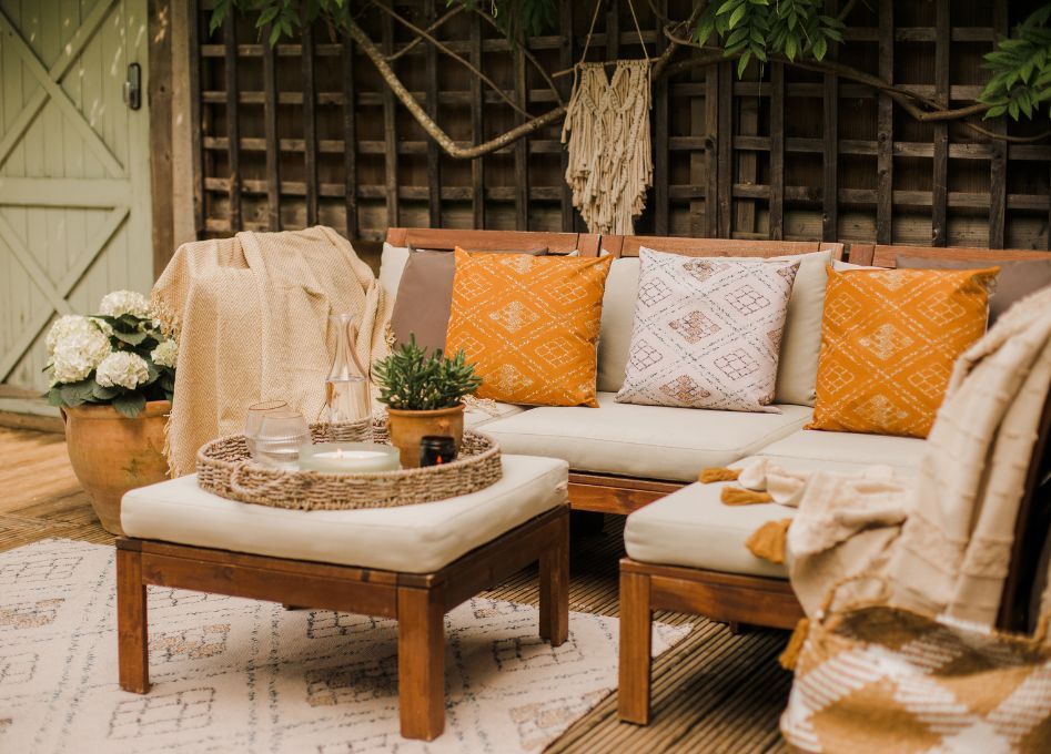 Outdoor patio cushions on woven seating