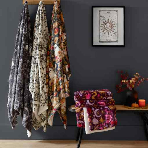 Halloween throw blankets with pumpkins, ghosts and moons