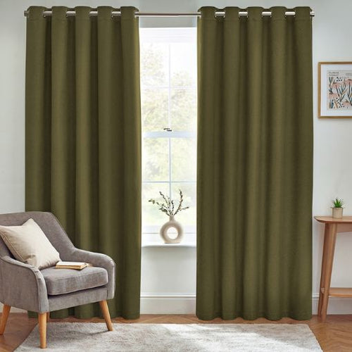 A pair of living room blackout curtains, in an olive green shade