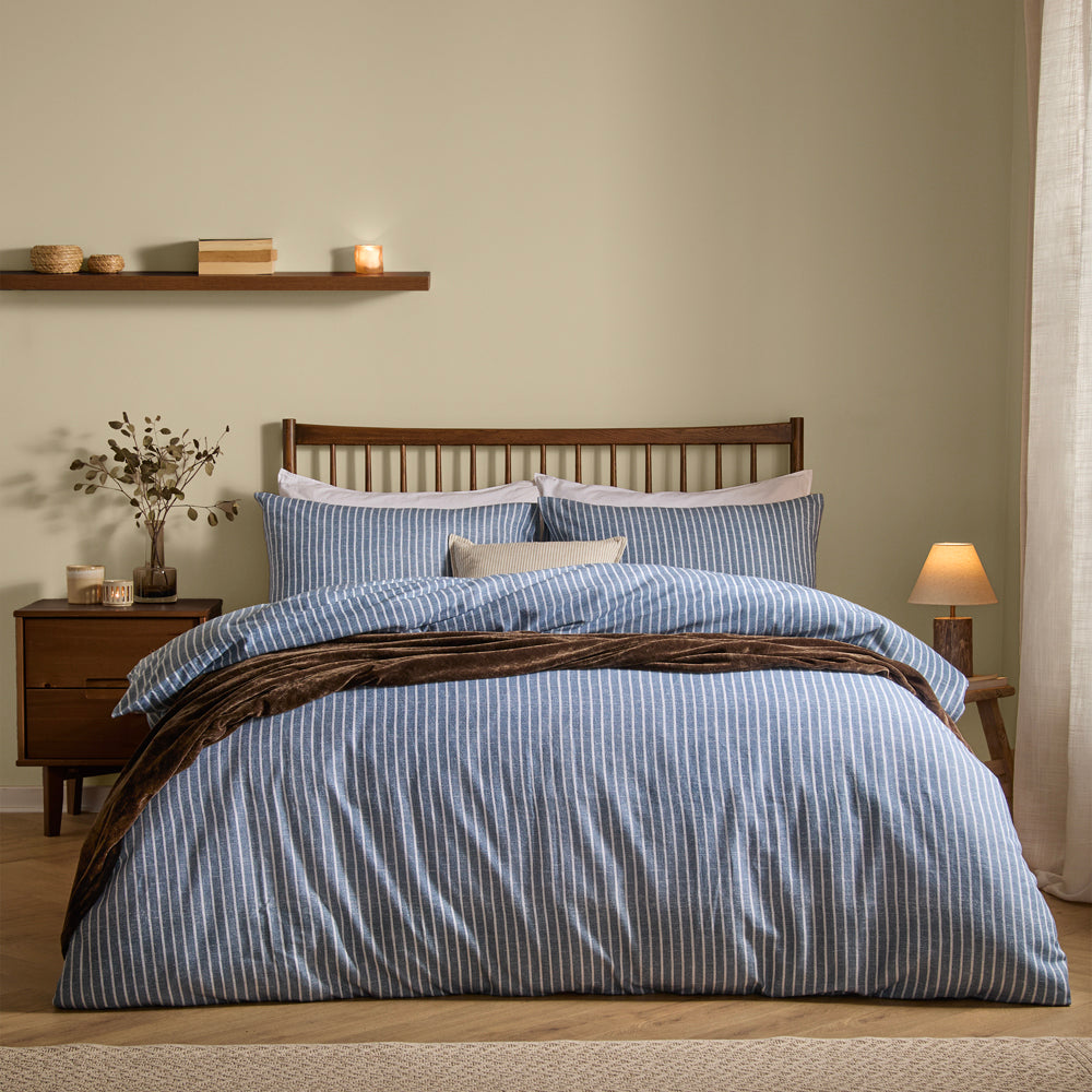Striped Blue Bedding - Holme Stripe Brushed Cotton Duvet Cover Set Denim Blue Yard