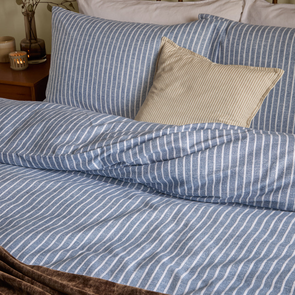 Holme Stripe Brushed Cotton Duvet Cover Set Denim Blue