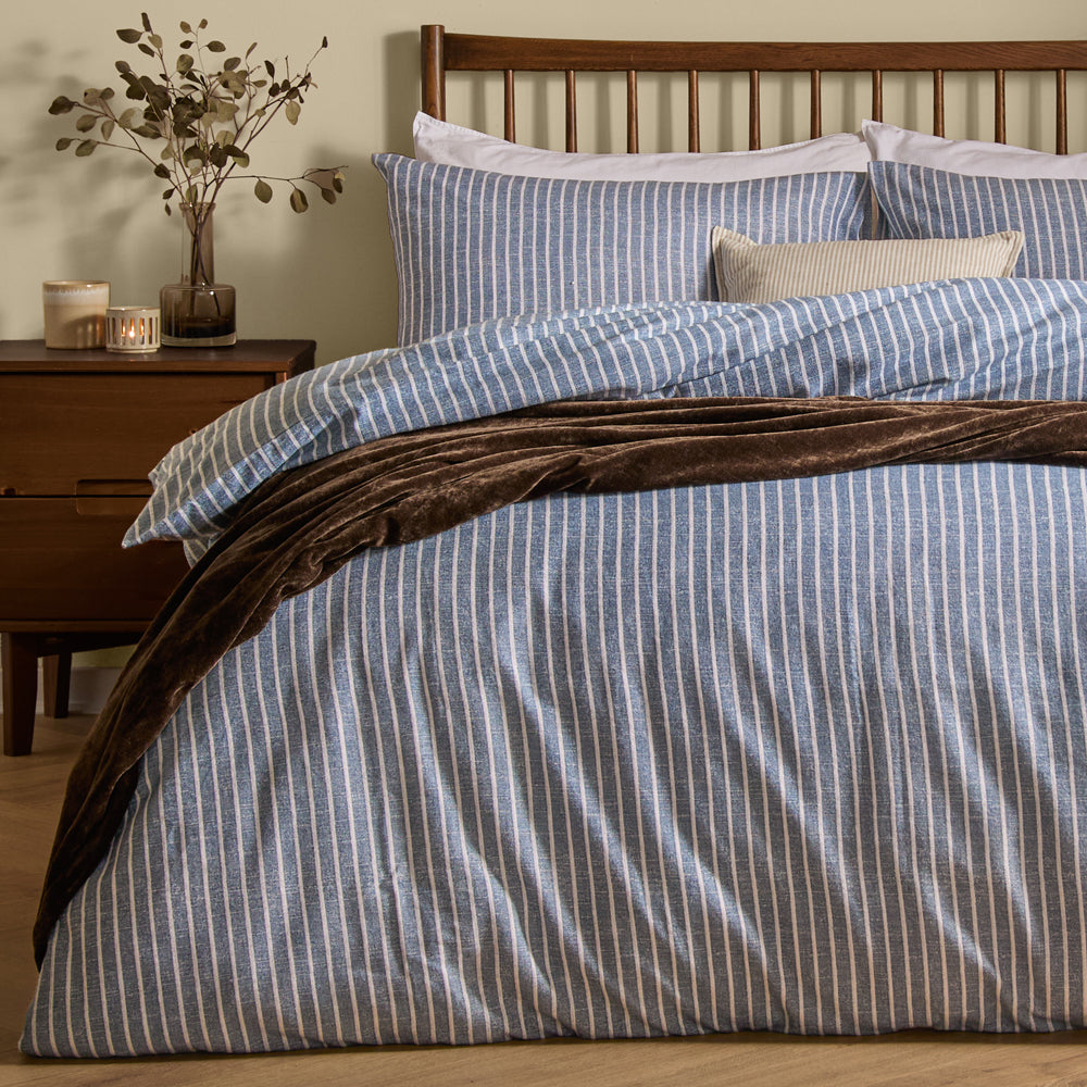 Holme Stripe Brushed Cotton Duvet Cover Set Denim Blue