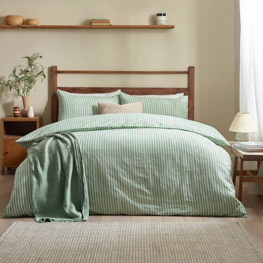 Holme Stripe Brushed Cotton Duvet Cover Set Forest Green