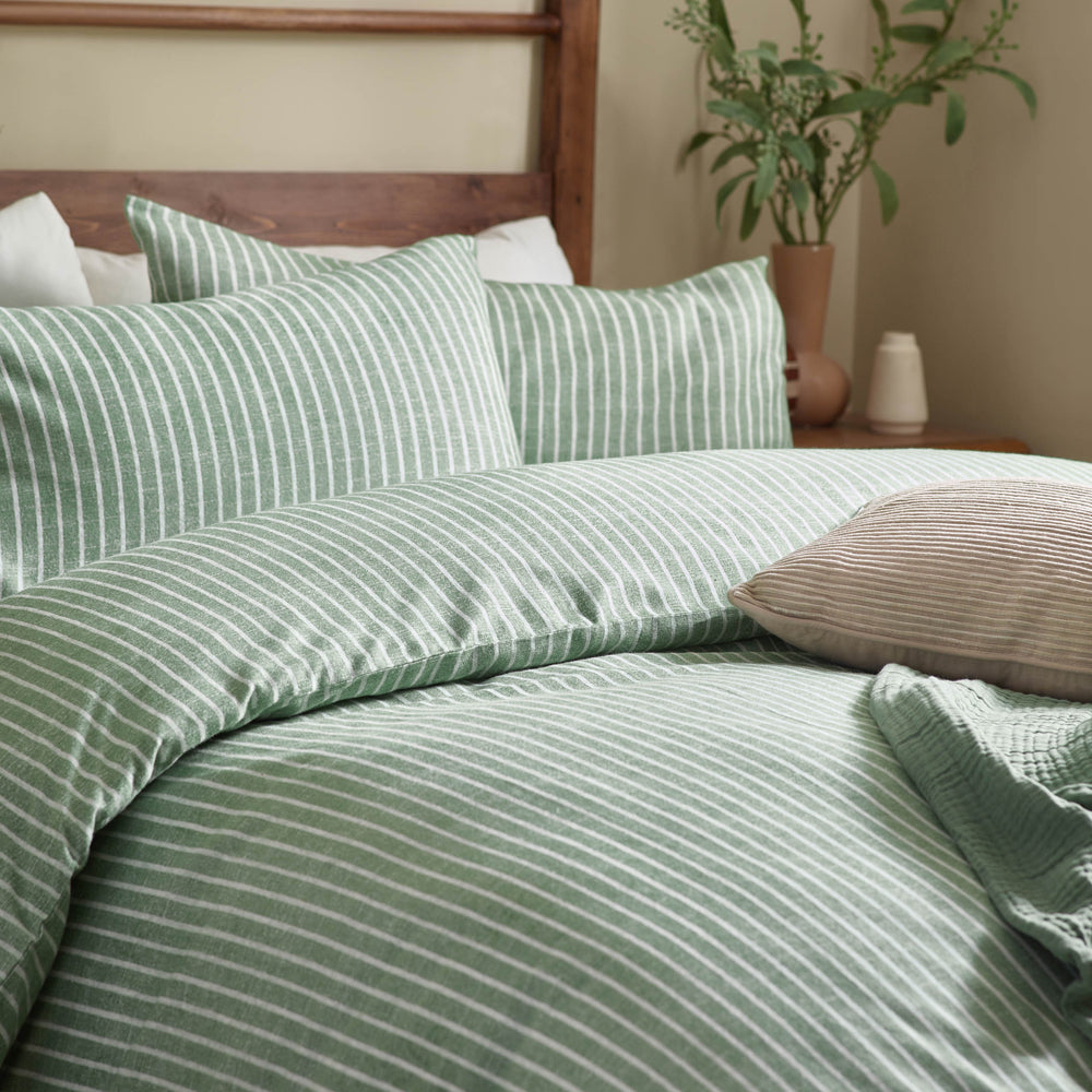 Holme Stripe Brushed Cotton Duvet Cover Set Forest Green