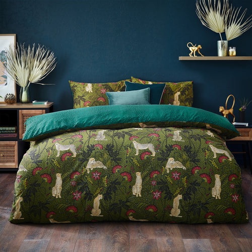 Animal Green Bedding - Tropica Cheetah Botanical Duvet Cover Set Moss/Teal furn.