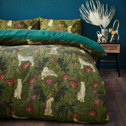 Animal Green Bedding - Tropica Cheetah Botanical Duvet Cover Set Moss/Teal furn.