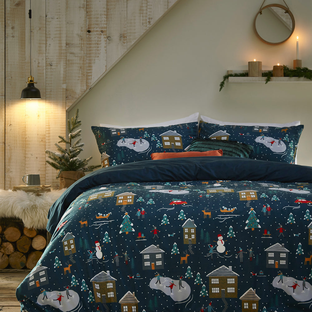 Winter Pines Blue Pyjama Fleece Christmas Duvet Cover Set Navy Bedding furn. furn