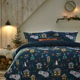 furn. Winter Pines Pyjama Fleece Christmas Duvet Cover Set in Navy