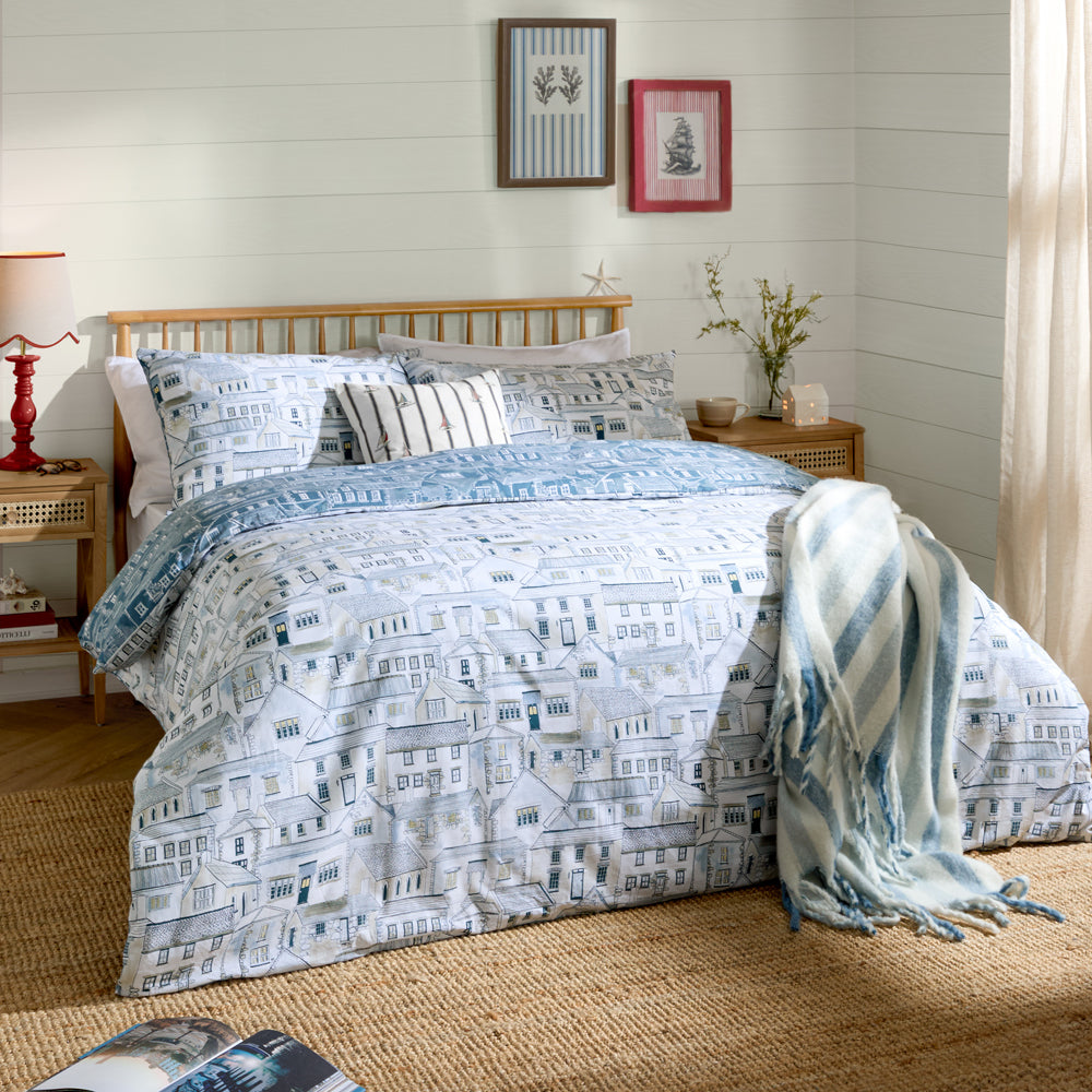 Abersoch Town Reversible 100% Cotton Duvet Cover Set Sea Blue