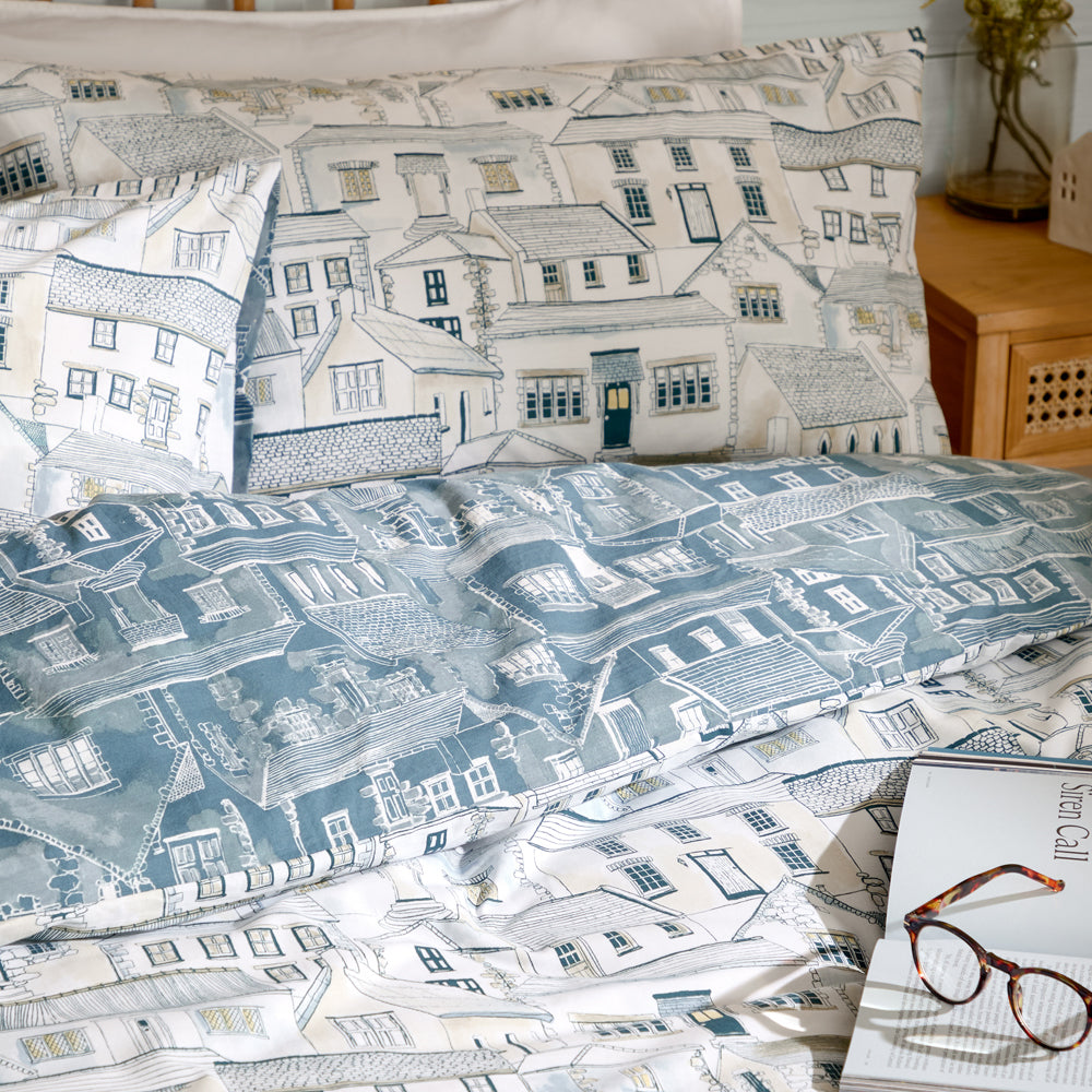 Abersoch Town Reversible 100% Cotton Duvet Cover Set Sea Blue
