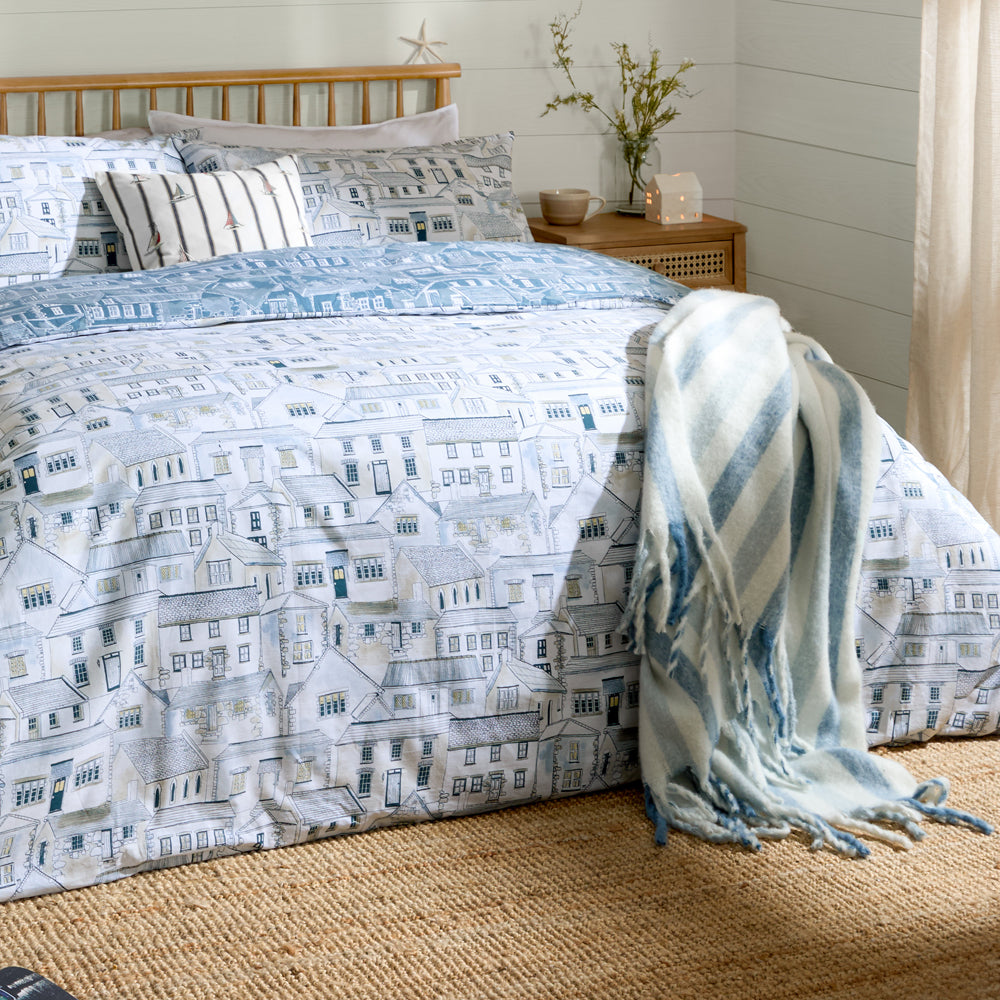 Abersoch Town Reversible 100% Cotton Duvet Cover Set Sea Blue