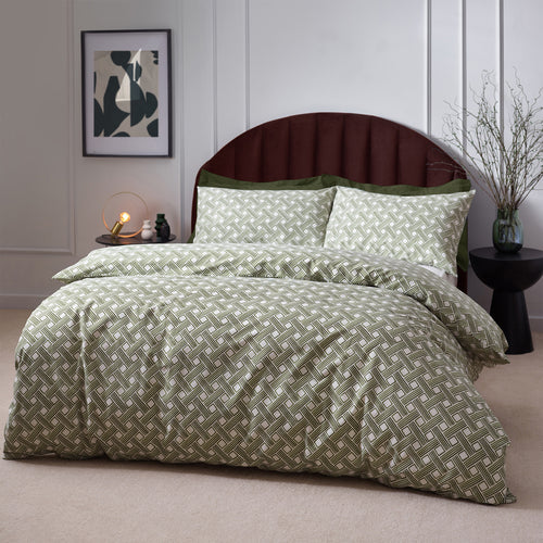Geometric Green Bedding - Alexa Abstract Cotton Rich  Duvet Cover Set Olive HÖEM