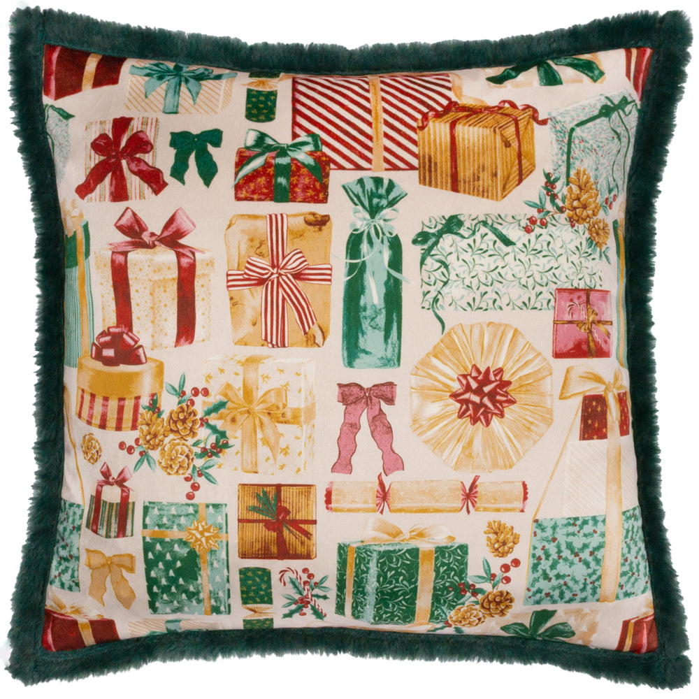 All Wrapped Up Velvet Faux Fur Cushion Emerald/Red