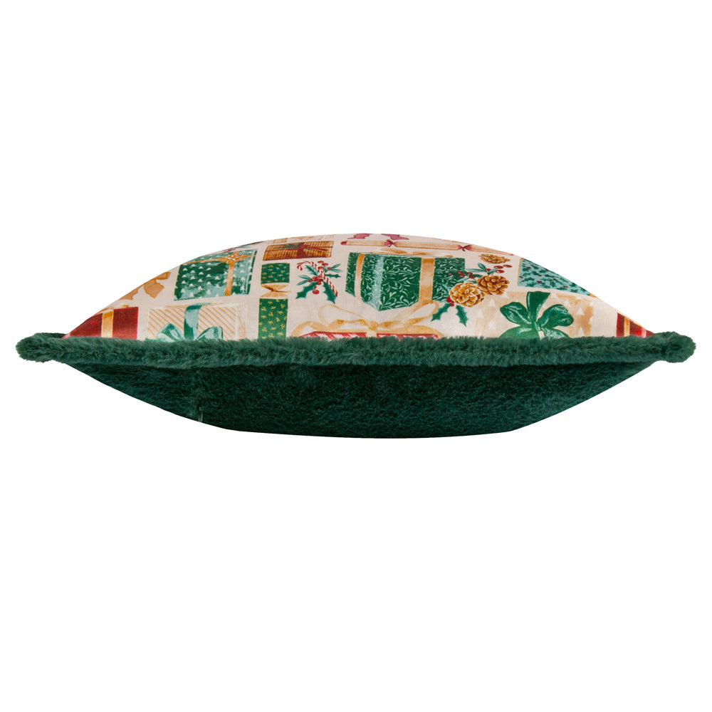 All Wrapped Up Velvet Faux Fur Cushion Emerald/Red