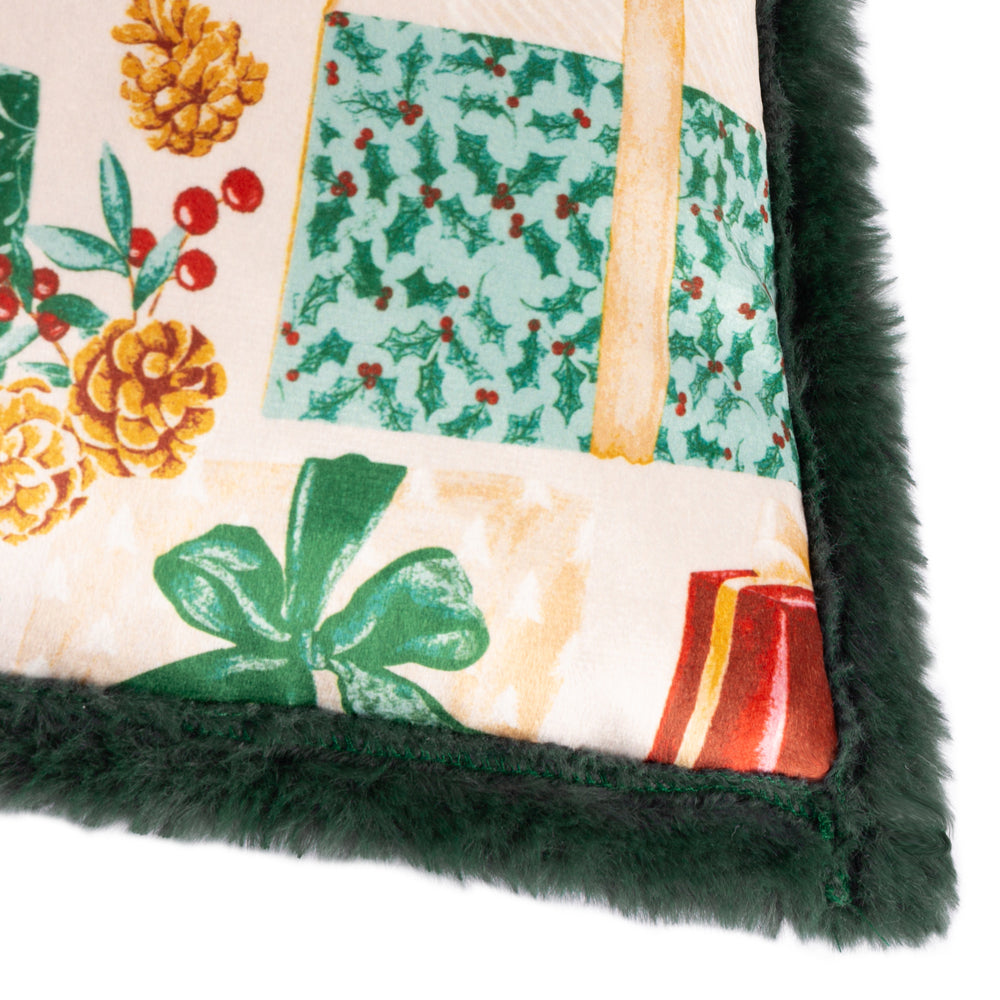 All Wrapped Up Velvet Faux Fur Cushion Emerald/Red