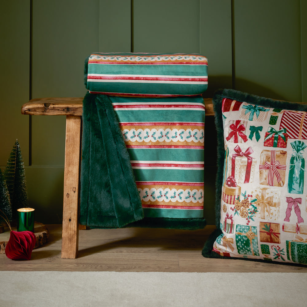 All Wrapped Up Velvet Faux Fur Throw Emerald/Red