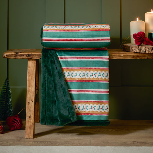 Striped Green Throws - All Wrapped Up Velvet Faux Fur Throw Emerald/Red Furn