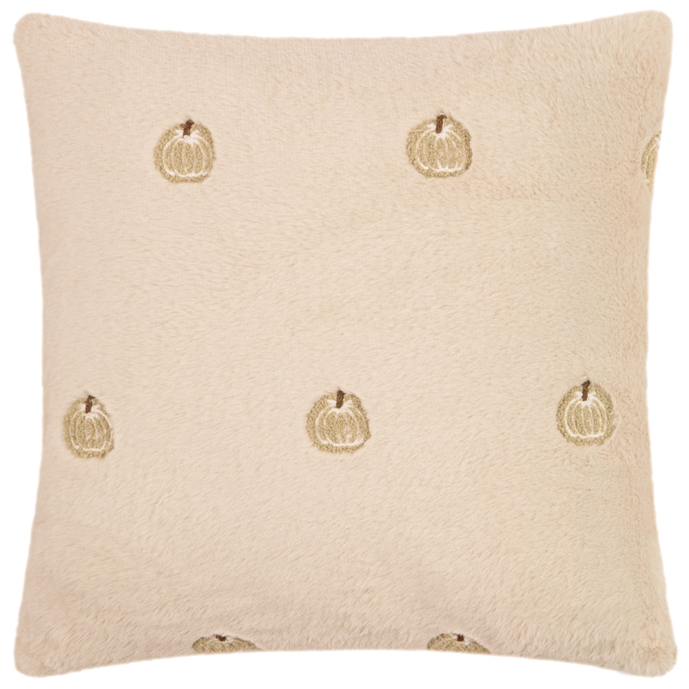 Autumn Pumpkins Embroidered Faux Fur Cushion Natural