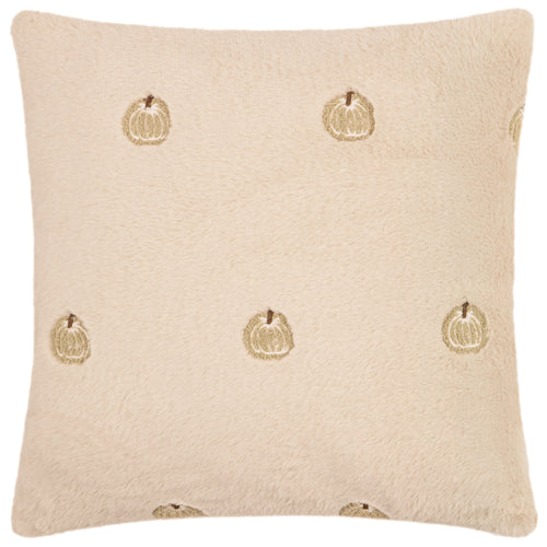 Autumn Pumpkins Embroidered Faux Fur Cushion Natural