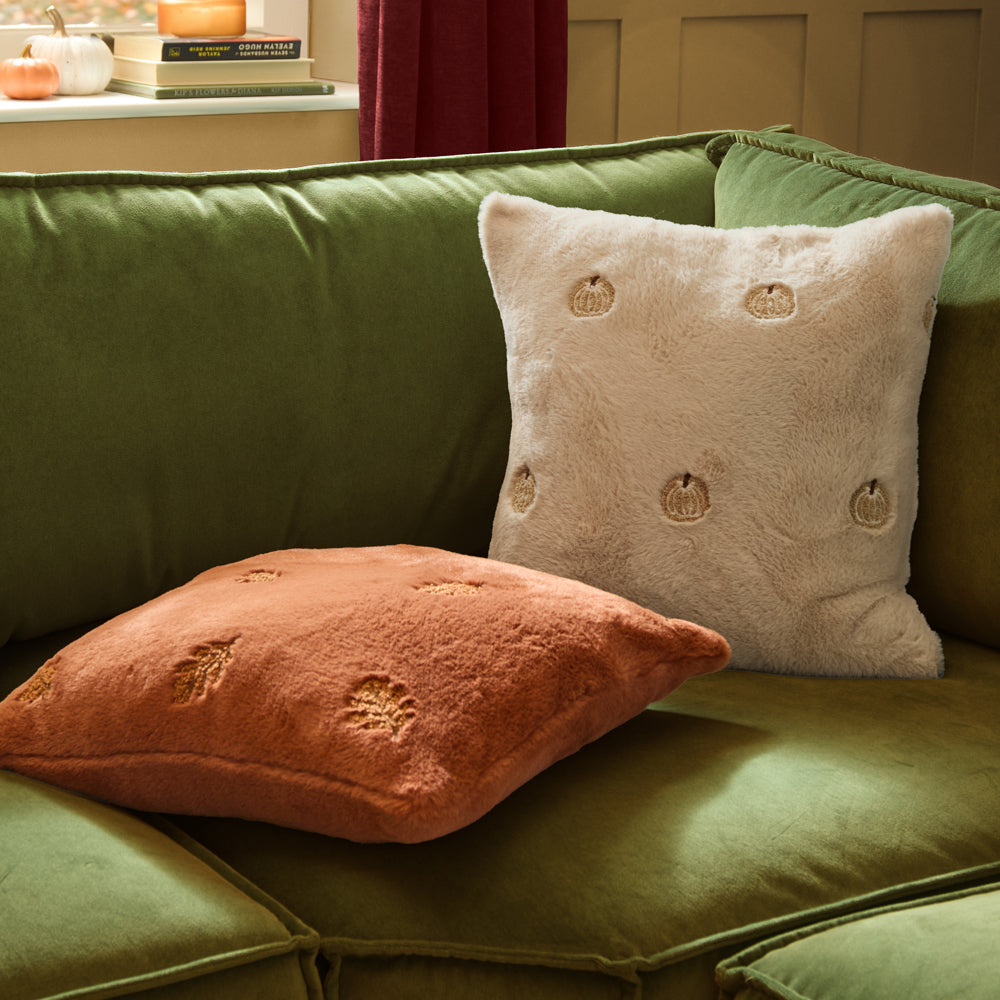 Autumn Pumpkins Embroidered Faux Fur Cushion Natural