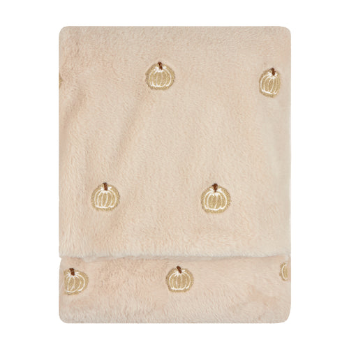 Autumn Pumpkins Embroidered Faux Fur Throw Natural