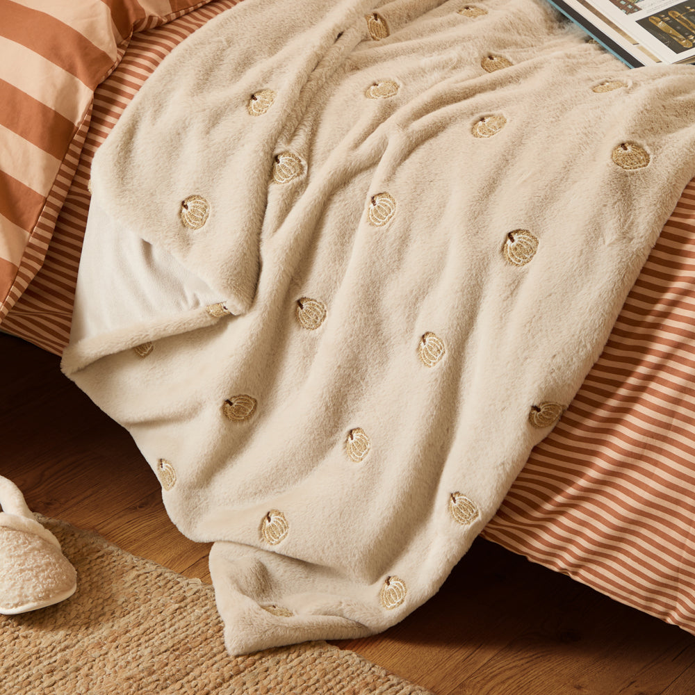 Autumn Pumpkins Embroidered Faux Fur Throw Natural