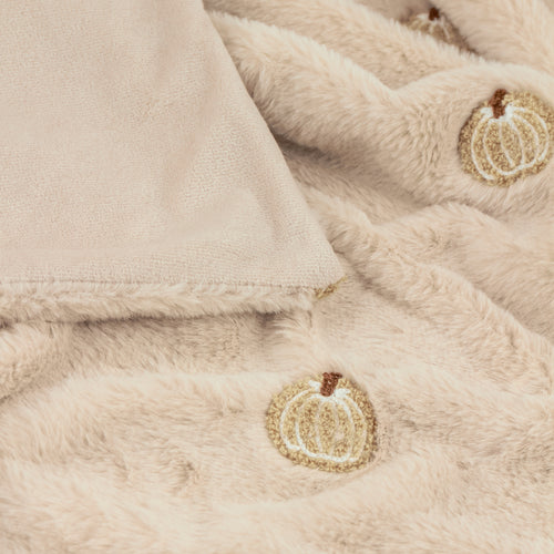 Autumn Pumpkins Embroidered Faux Fur Throw Natural
