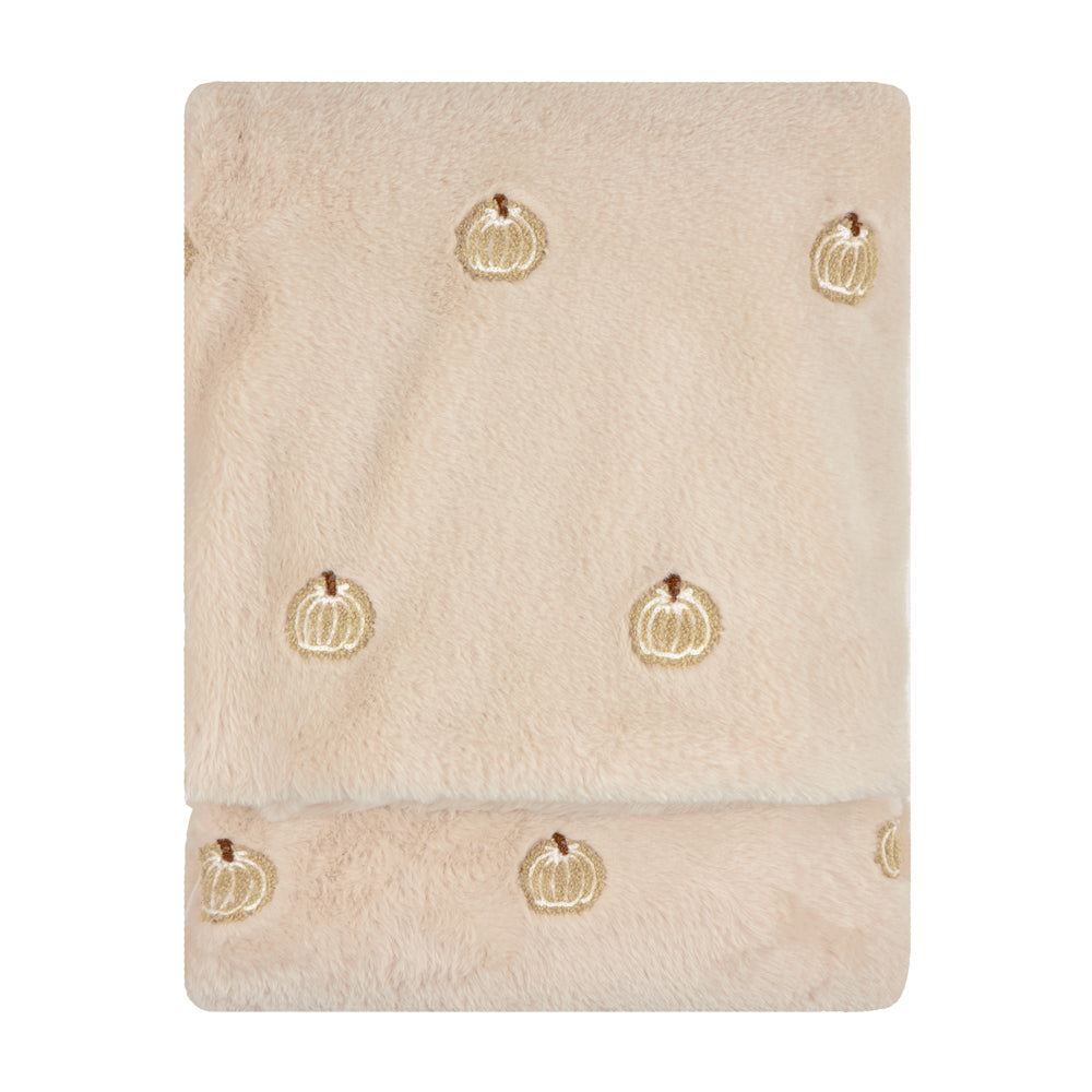 Autumn Pumpkins Embroidered Faux Fur Throw Natural
