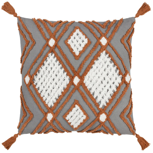 Geometric Grey Cushions - Aquene Tufted Tasselled Cushion Cover Charcoal/Brick furn.