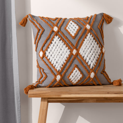 Geometric Grey Cushions - Aquene Tufted Tasselled Cushion Cover Charcoal/Brick furn.