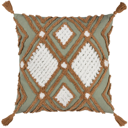 Geometric Green Cushions - Aquene Tufted Tasselled Cushion Cover Moss/Mustard furn.