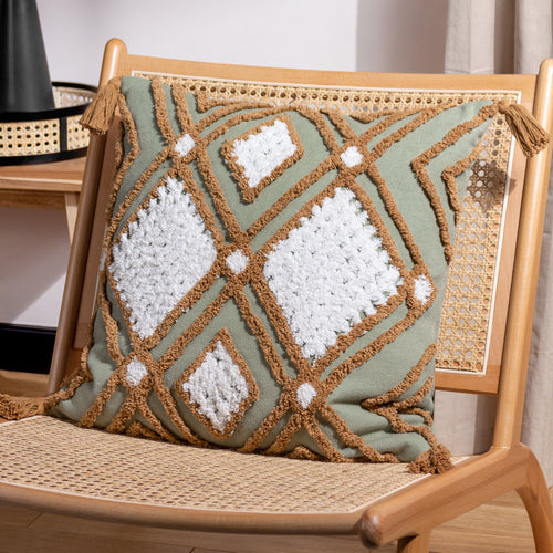 Geometric Green Cushions - Aquene Tufted Tasselled Cushion Cover Moss/Mustard furn.