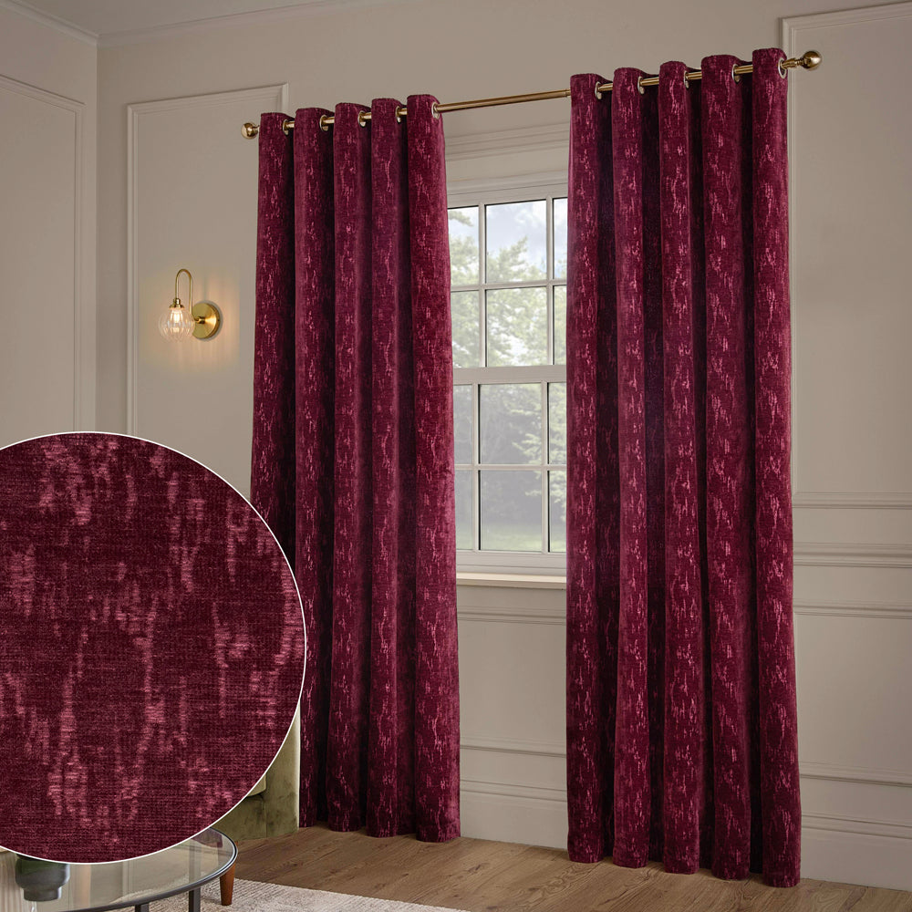 Abstract Red Curtains - Aurelio Chenille Fully Lined Eyelet Curtains Burgundy Paoletti