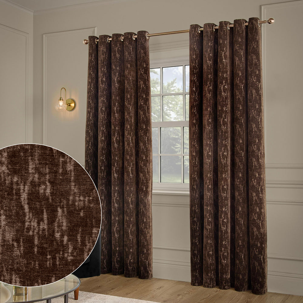 Abstract Brown Curtains - Aurelio Chenille Fully Lined Eyelet Curtains Chocolate Paoletti