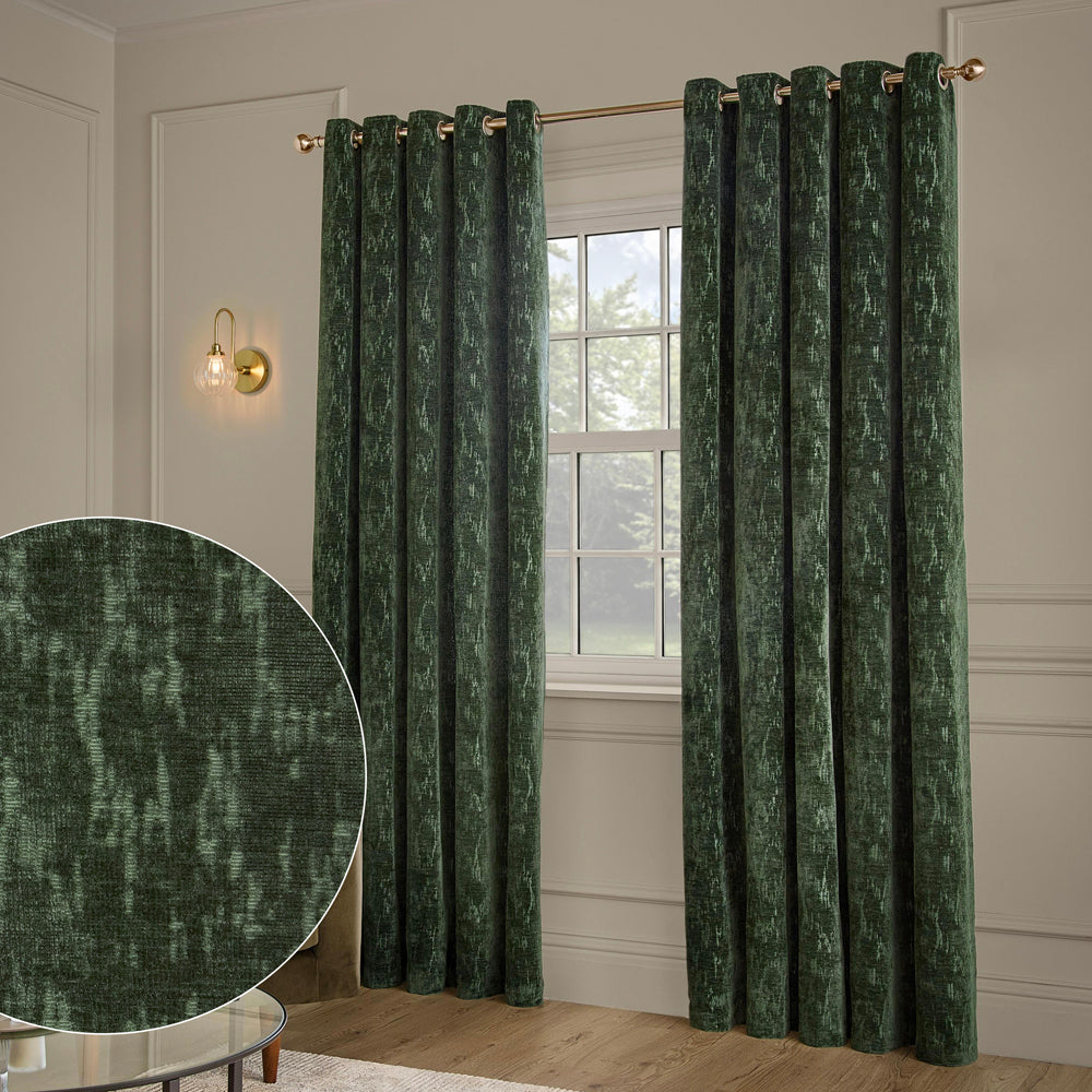 Abstract Green Curtains - Aurelio Chenille Fully Lined Eyelet Curtains Emerald Paoletti