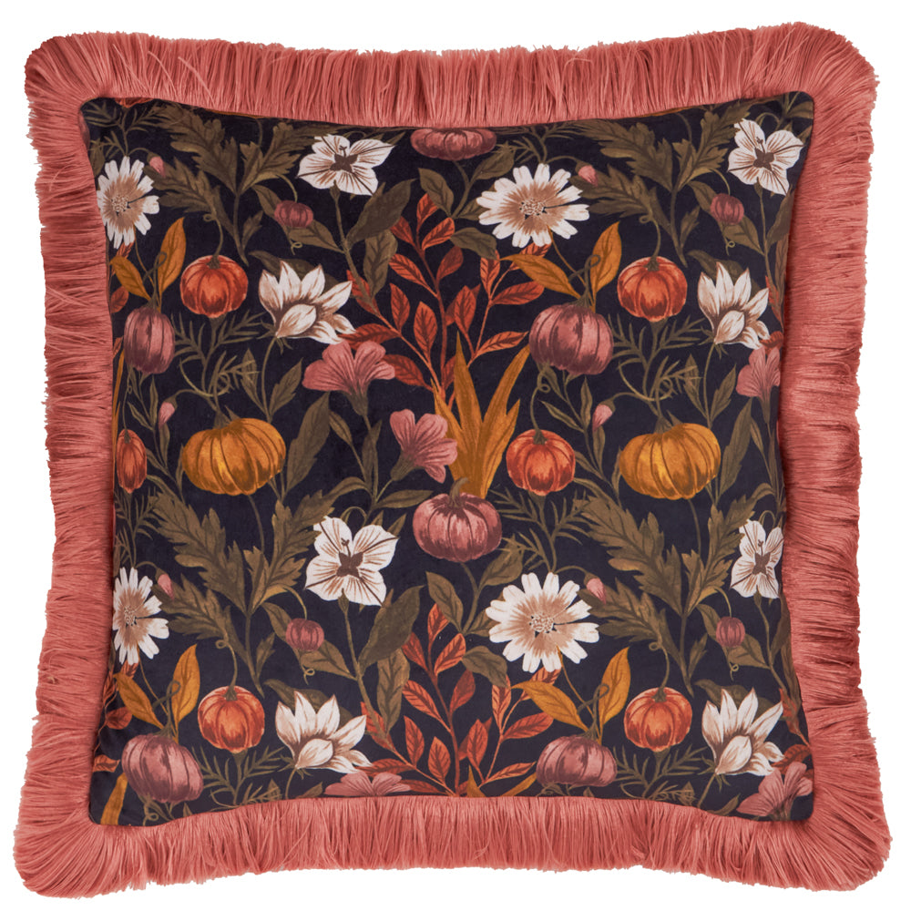 Autumn Garden Fringed Velvet Cushion Burnished Rose/Moss
