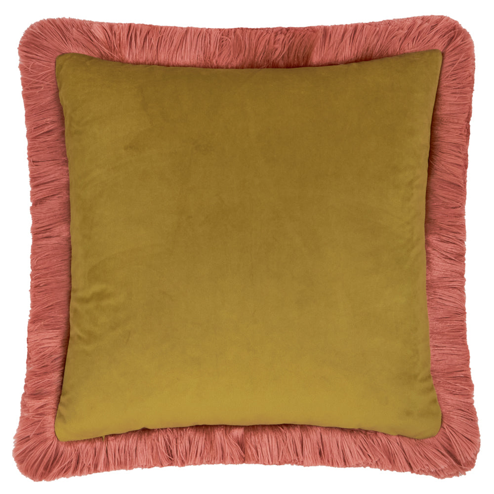 Autumn Garden Fringed Velvet Cushion Burnished Rose/Moss